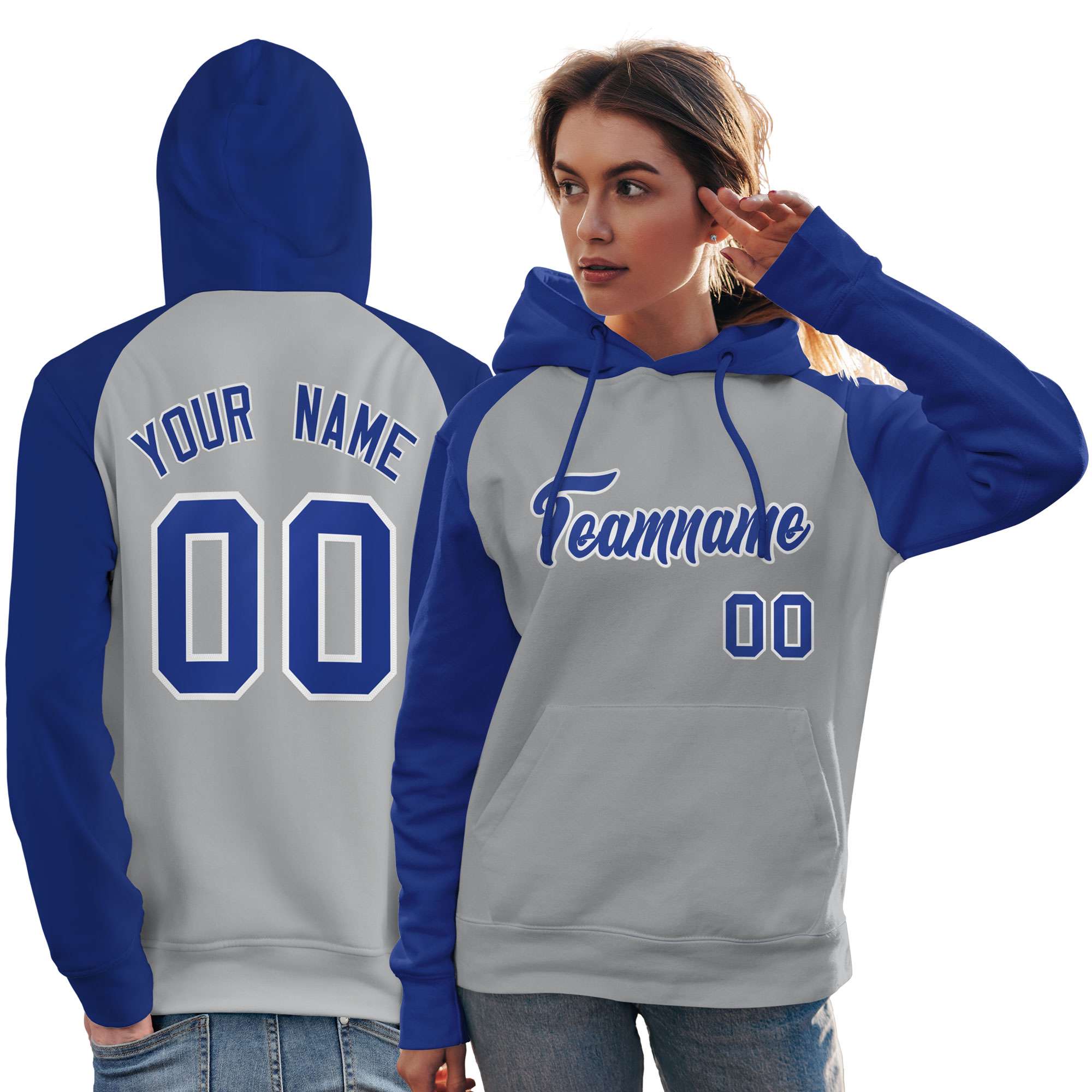 Custom Stitched Gray Royal Raglan Sleeves Sports Pullover Sweatshirt Hoodie For Women