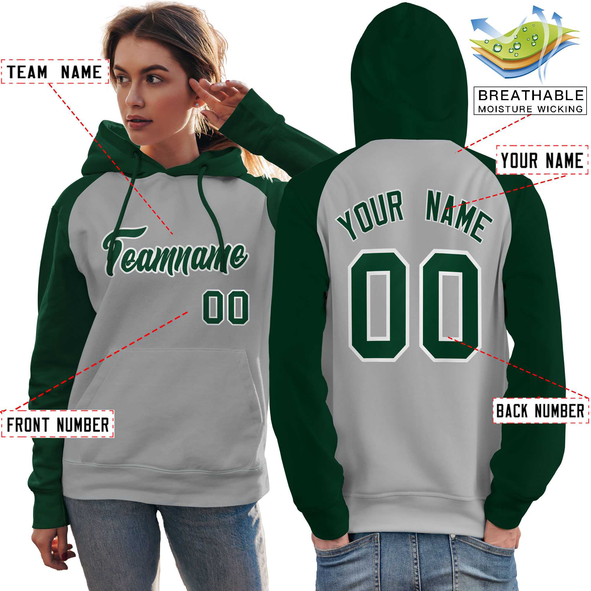 Custom Stitched Gray Green Raglan Sleeves Sports Pullover Sweatshirt Hoodie For Women