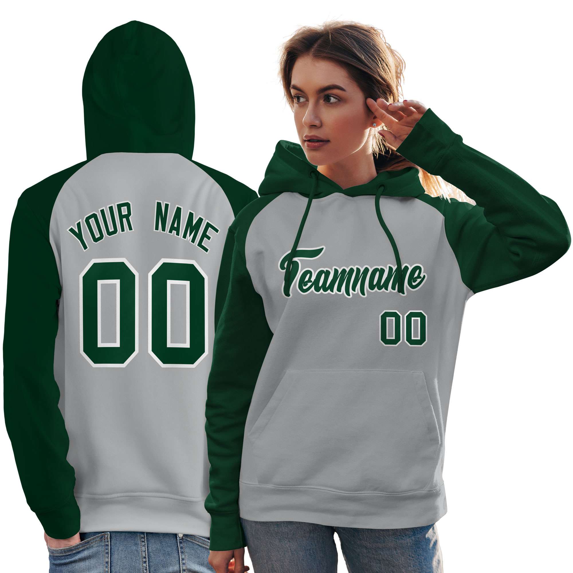 Custom Stitched Gray Green Raglan Sleeves Sports Pullover Sweatshirt Hoodie For Women