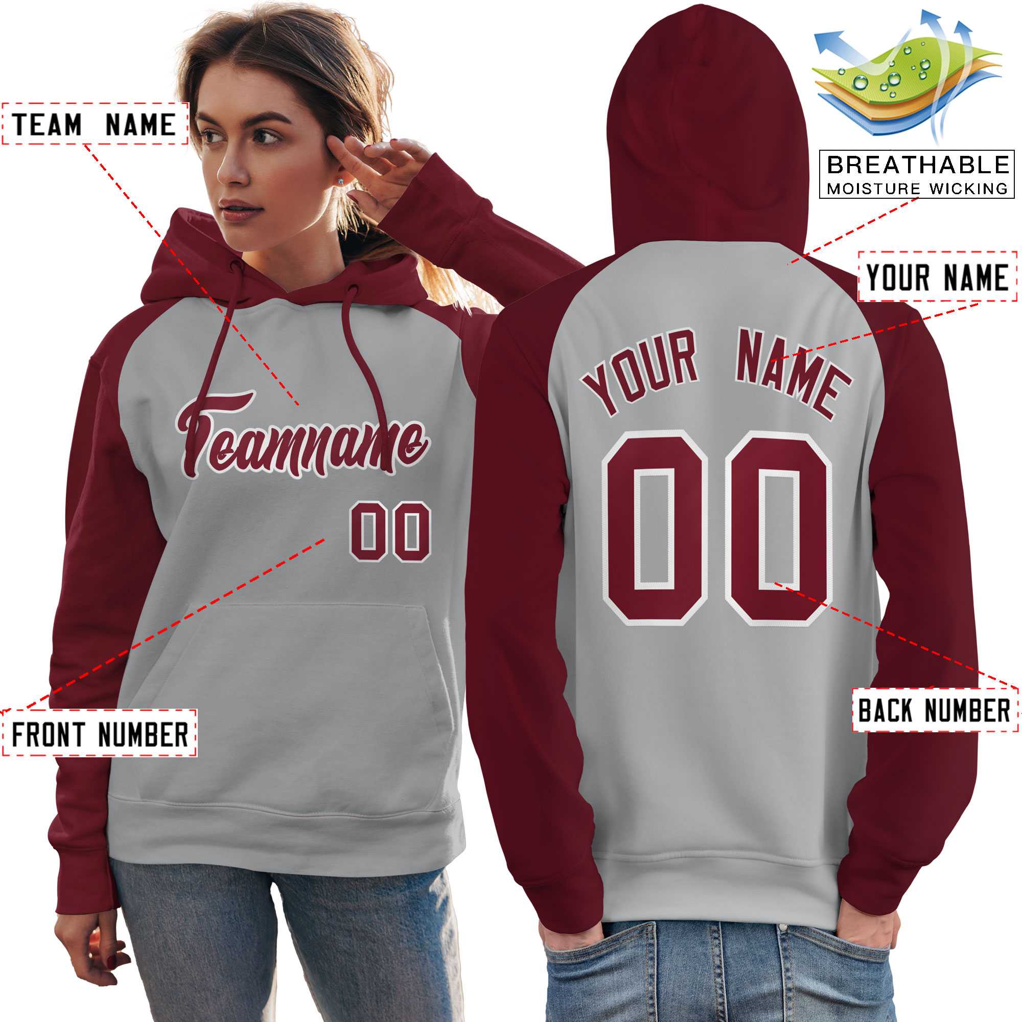 Custom Stitched Gray Crimson Raglan Sleeves Sports Pullover Sweatshirt Hoodie For Women