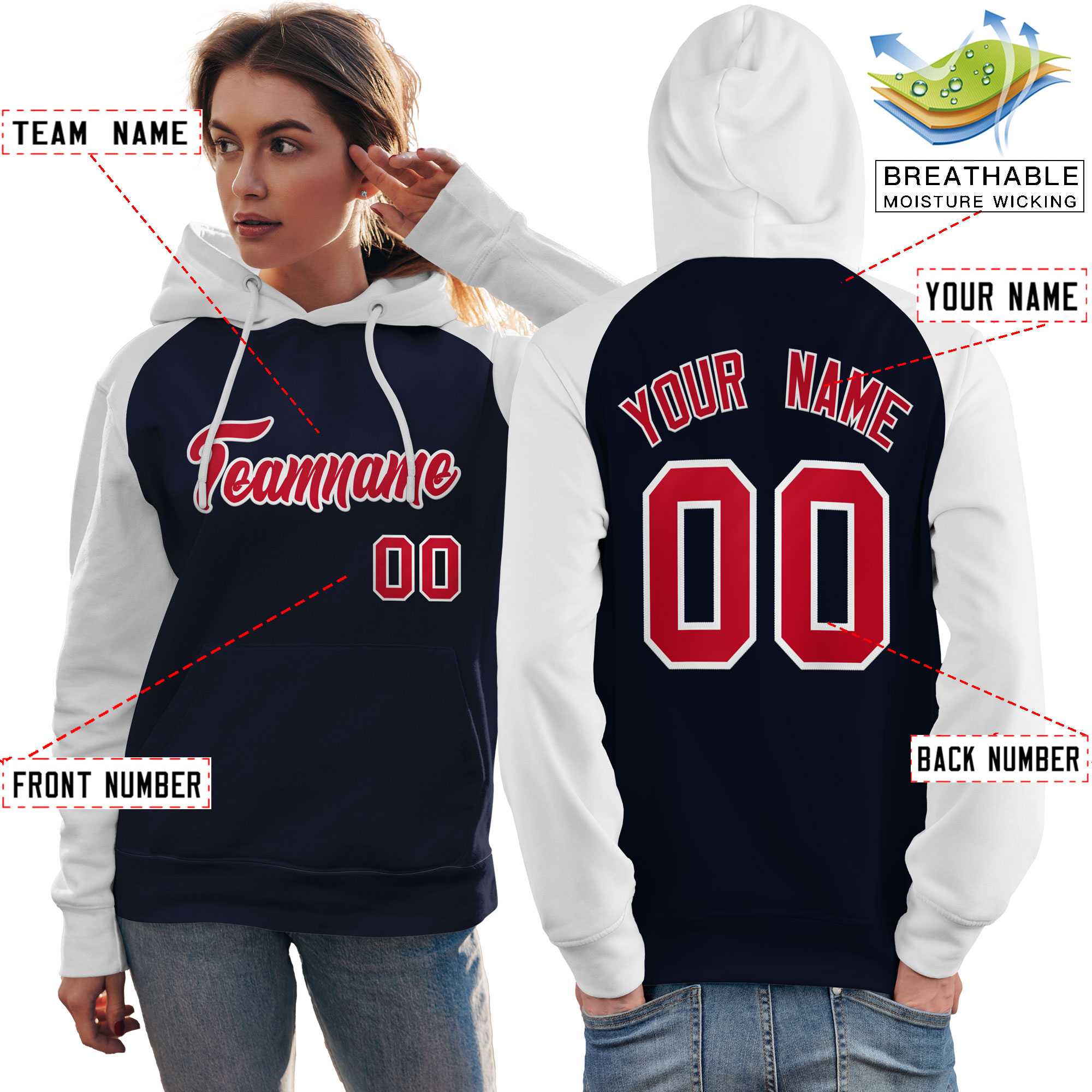 Custom Stitched Navy White-Red Raglan Sleeves Sports Pullover Sweatshirt Hoodie For Women