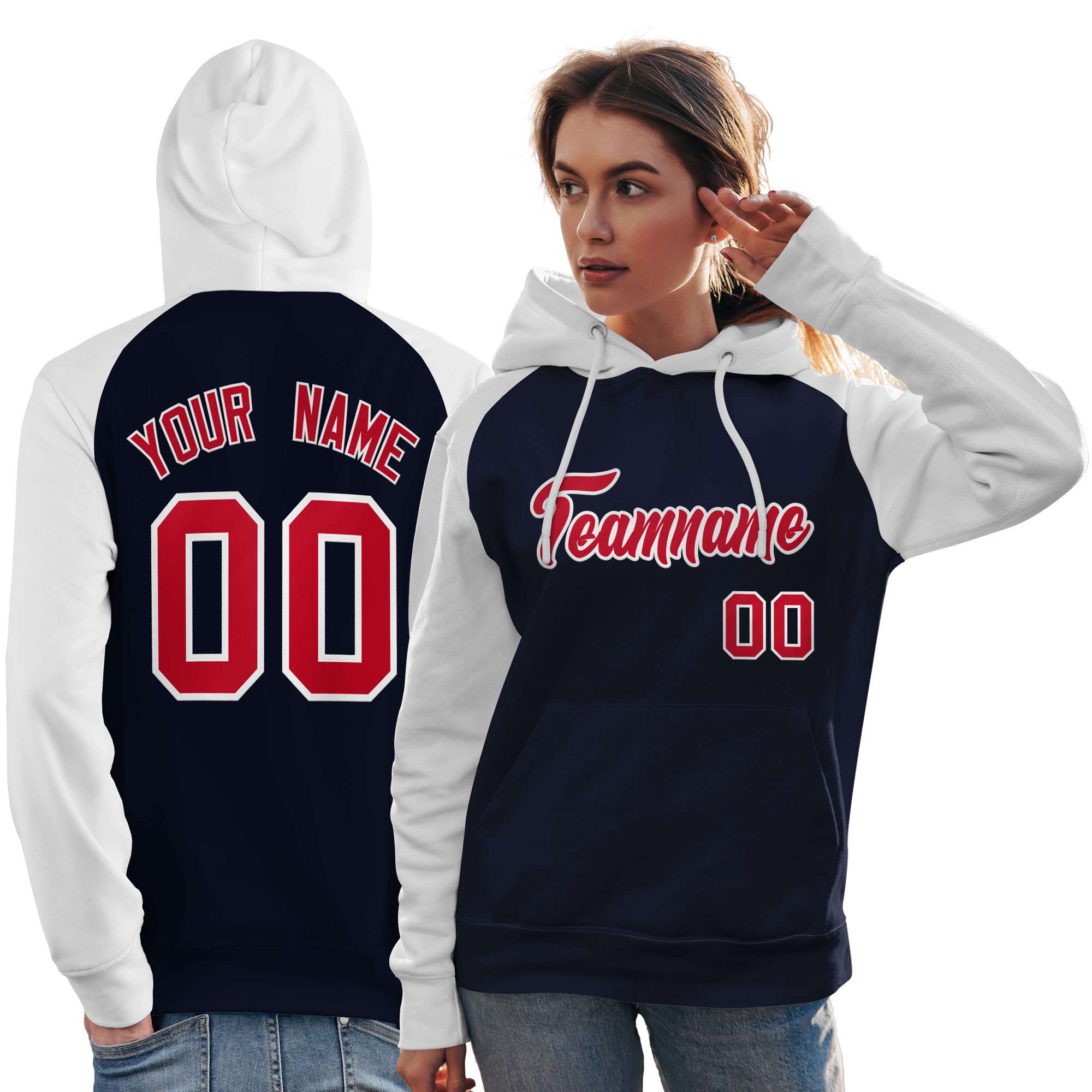 Custom Stitched Navy White-Red Raglan Sleeves Sports Pullover Sweatshirt Hoodie For Women