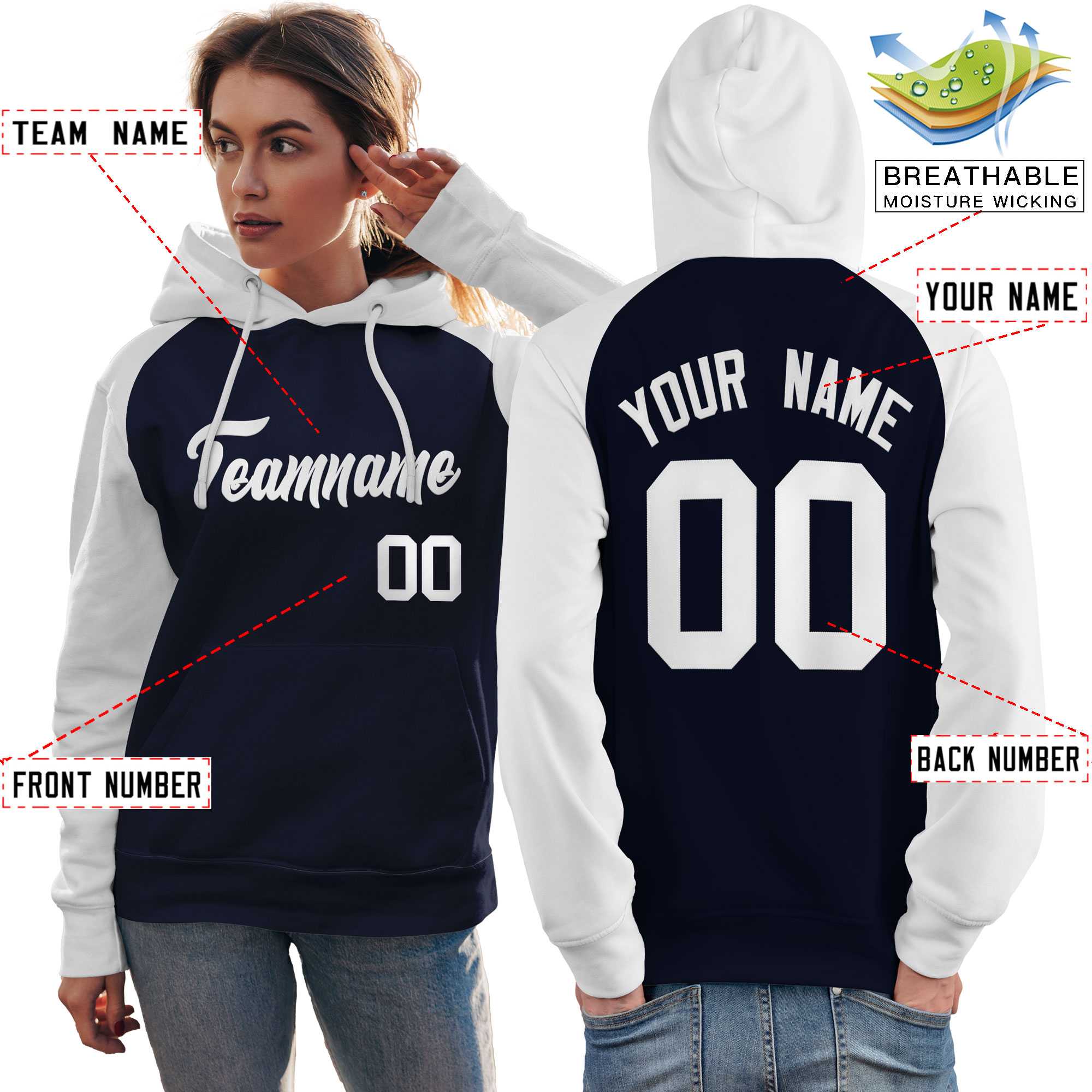 Custom Stitched Navy White Raglan Sleeves Sports Pullover Sweatshirt Hoodie For Women