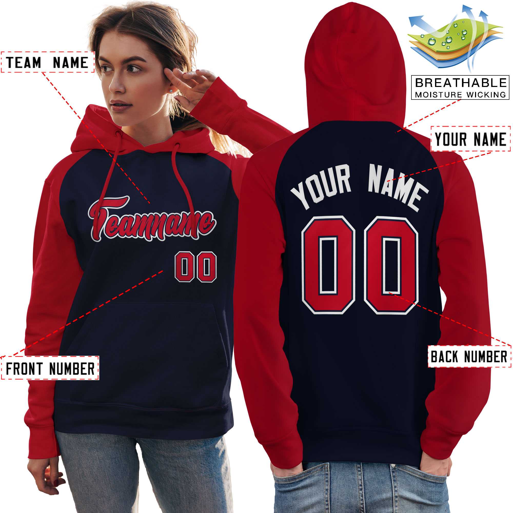 Custom Stitched Navy Red Raglan Sleeves Sports Pullover Sweatshirt Hoodie For Women