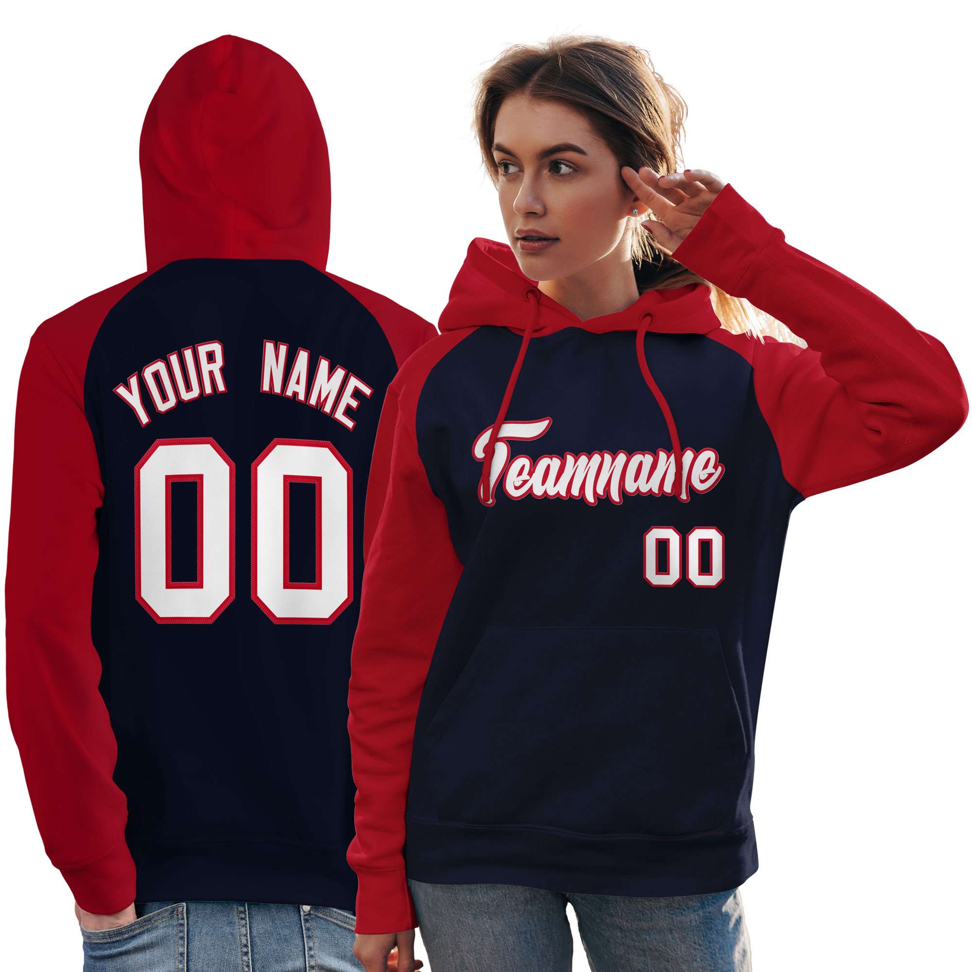 Custom Stitched Navy Red-White Raglan Sleeves Sports Pullover Sweatshirt Hoodie For Women