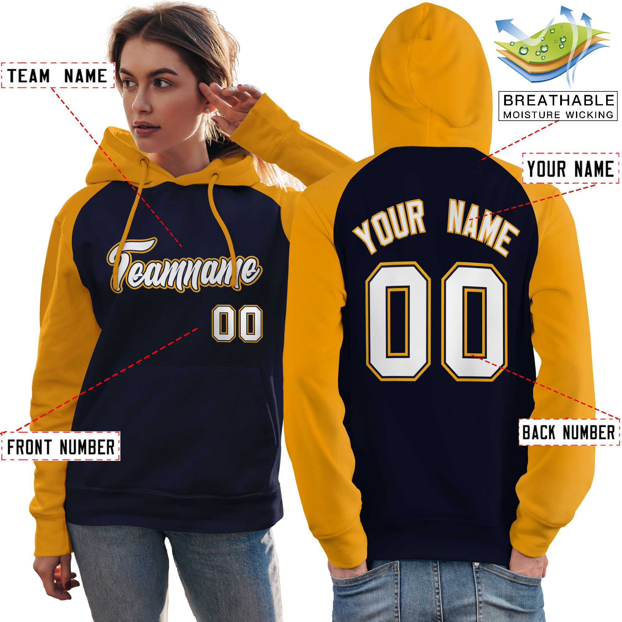 Custom Stitched Navy Gold-White Raglan Sleeves Sports Pullover Sweatshirt Hoodie For Women