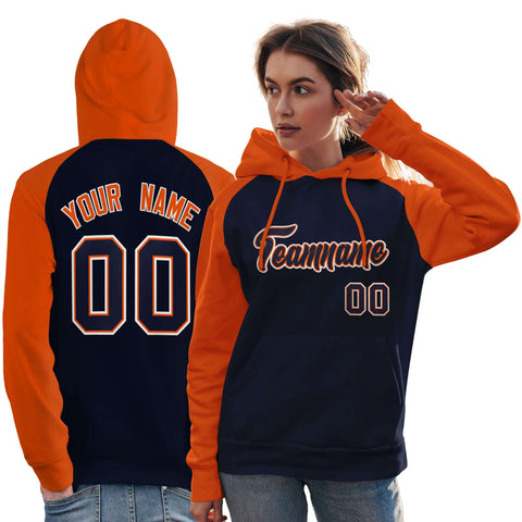 Custom Stitched Navy Orange Raglan Sleeves Sports Pullover Sweatshirt Hoodie For Women
