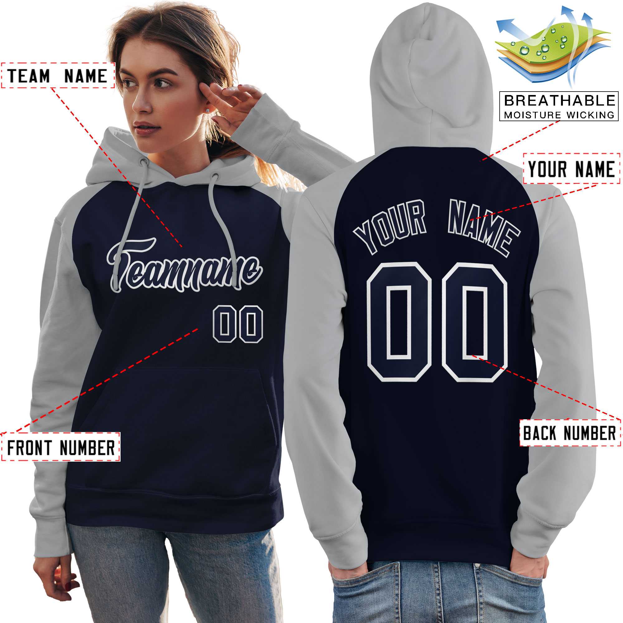 Custom Stitched Navy Gray Raglan Sleeves Sports Pullover Sweatshirt Hoodie For Women