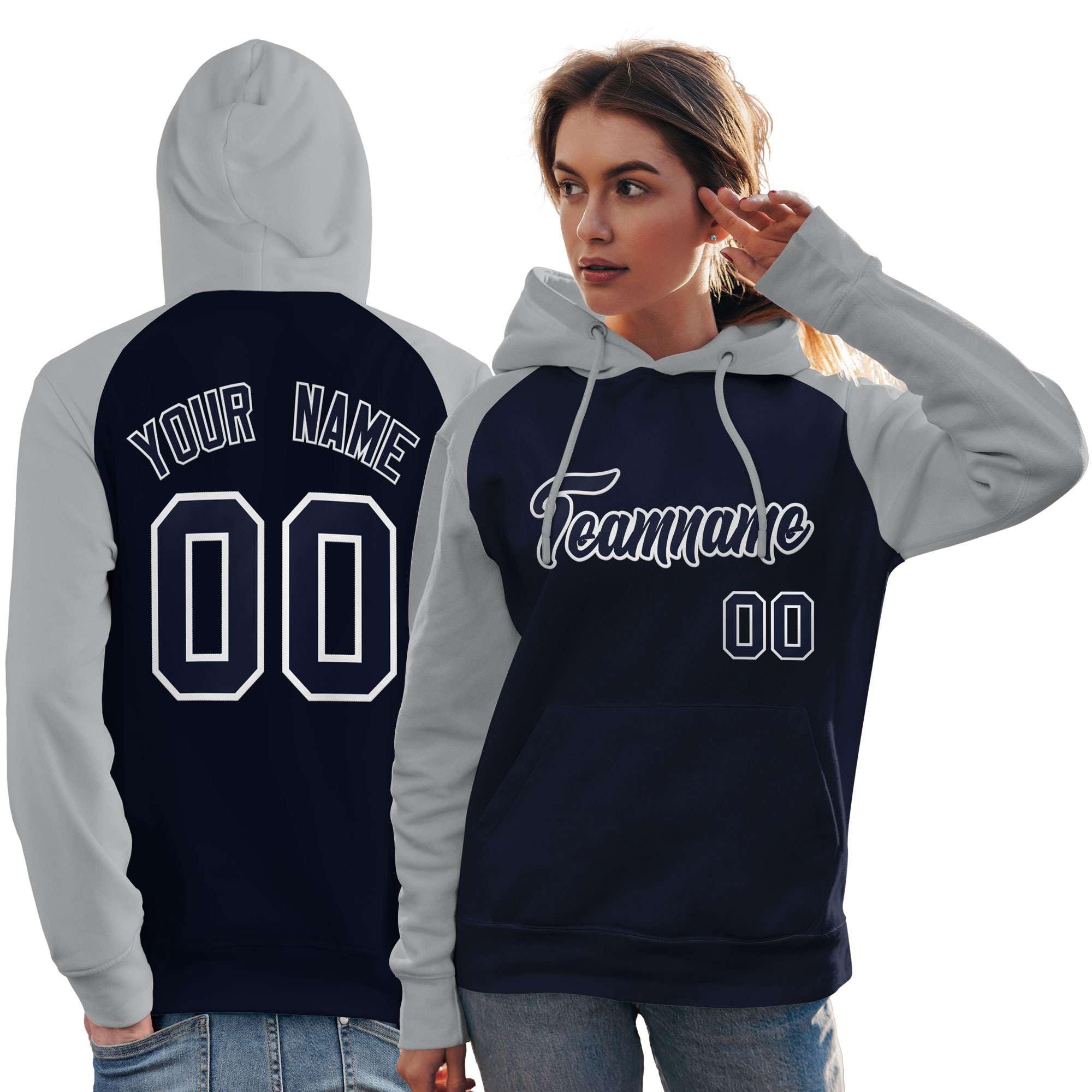 Custom Stitched Navy Gray Raglan Sleeves Sports Pullover Sweatshirt Hoodie For Women