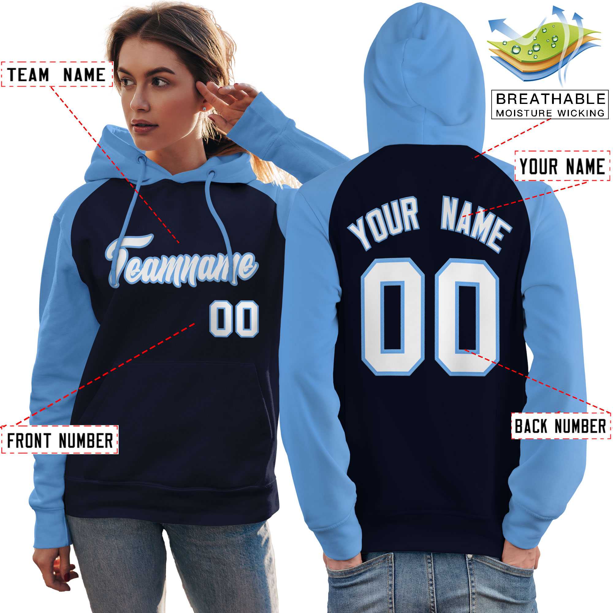 Custom Stitched Navy Powder Blue-White Raglan Sleeves Sports Pullover Sweatshirt Hoodie For Women