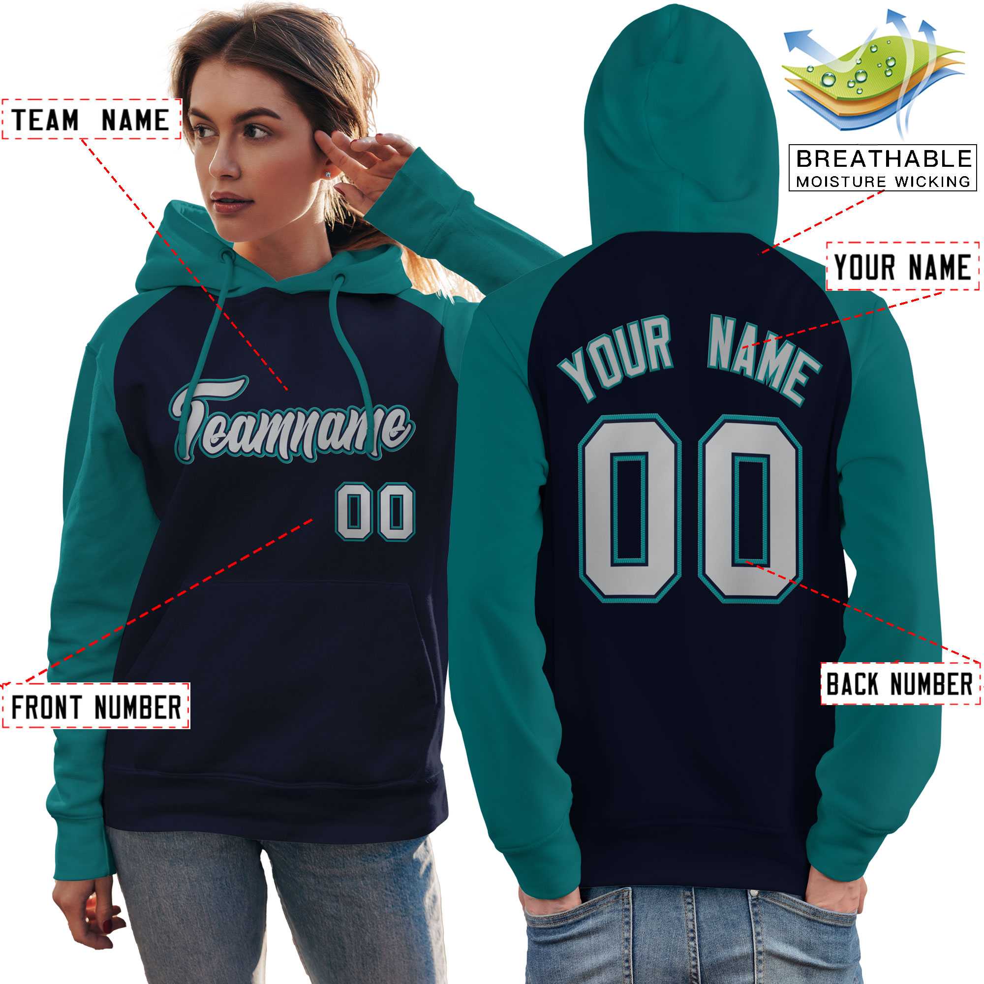 Custom Stitched Navy Aqua-Gray Raglan Sleeves Sports Pullover Sweatshirt Hoodie For Women