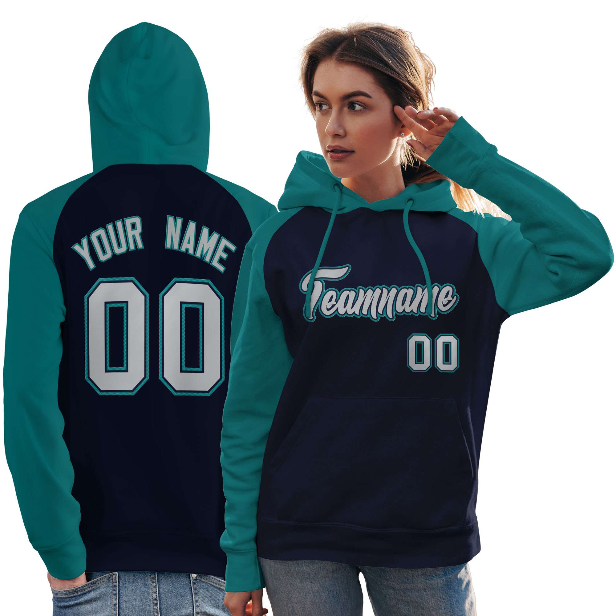 Custom Stitched Navy Aqua-Gray Raglan Sleeves Sports Pullover Sweatshirt Hoodie For Women