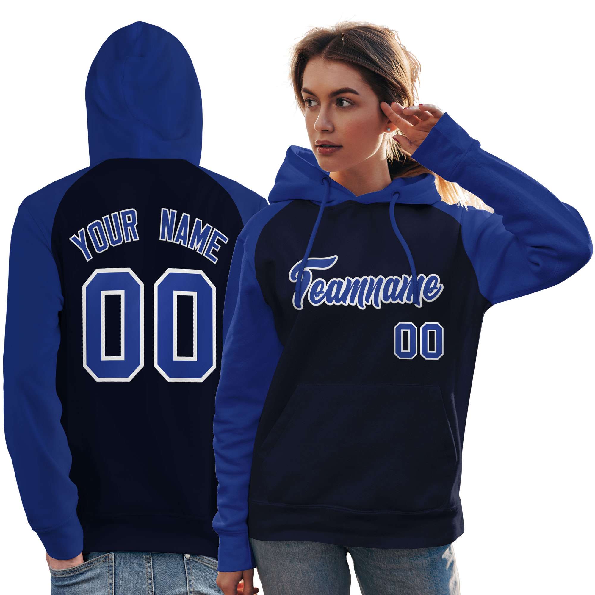 Custom Stitched Navy Royal Raglan Sleeves Sports Pullover Sweatshirt Hoodie For Women