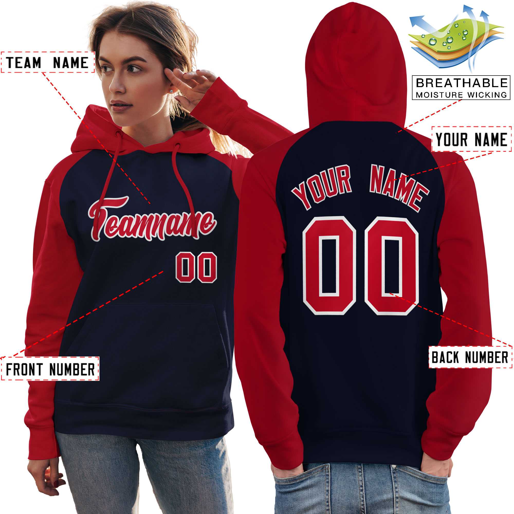 Custom Stitched Navy Red Raglan Sleeves Sports Pullover Sweatshirt Hoodie For Women