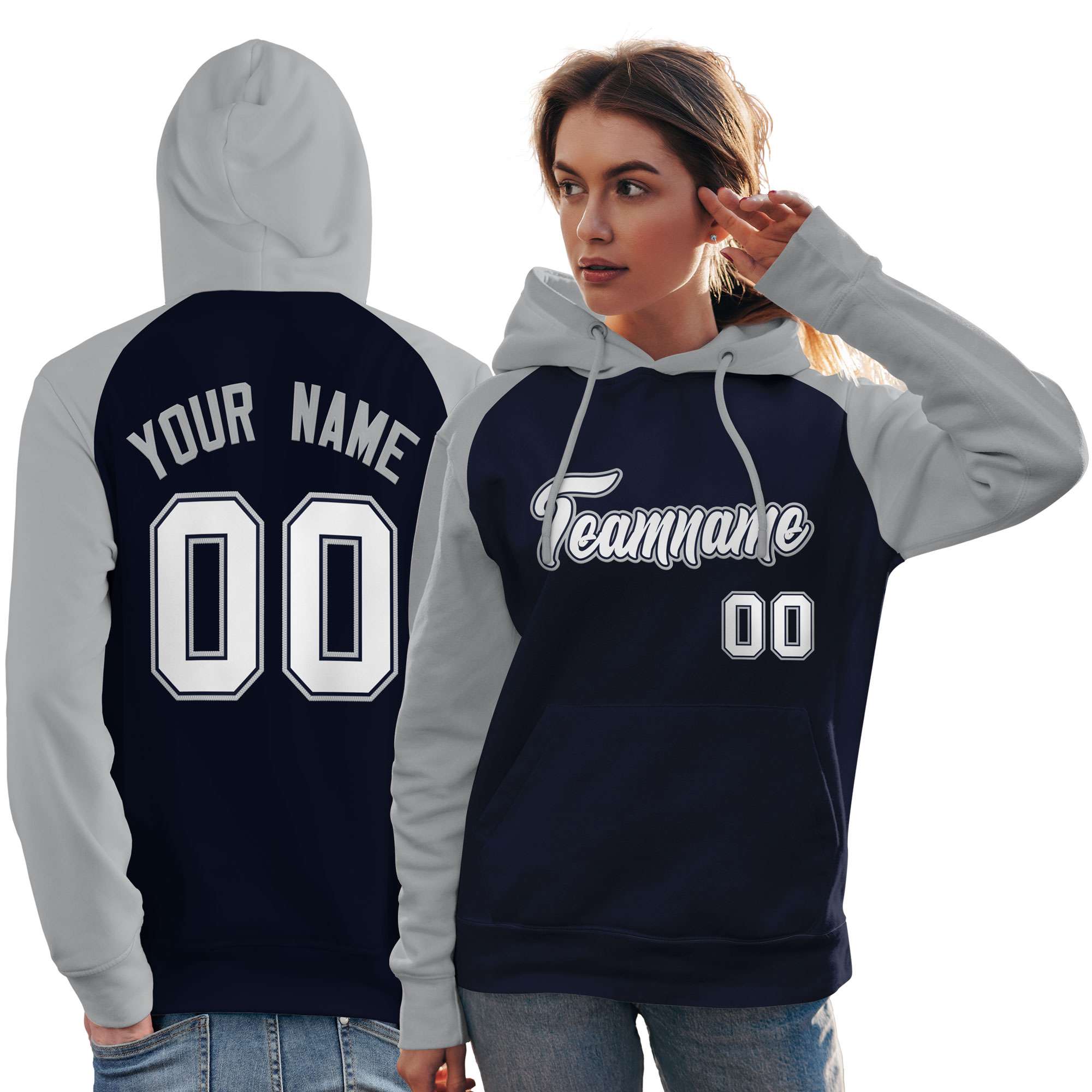 Custom Stitched Navy Gray-White Raglan Sleeves Sports Pullover Sweatshirt Hoodie For Women