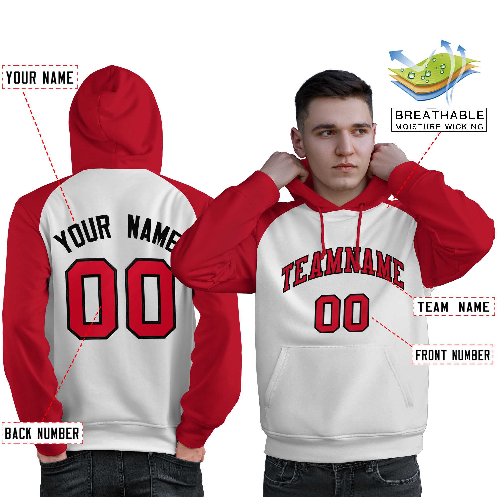 Custom Stitched White Red Raglan Sleeves Sports Pullover Sweatshirt Hoodie For Men