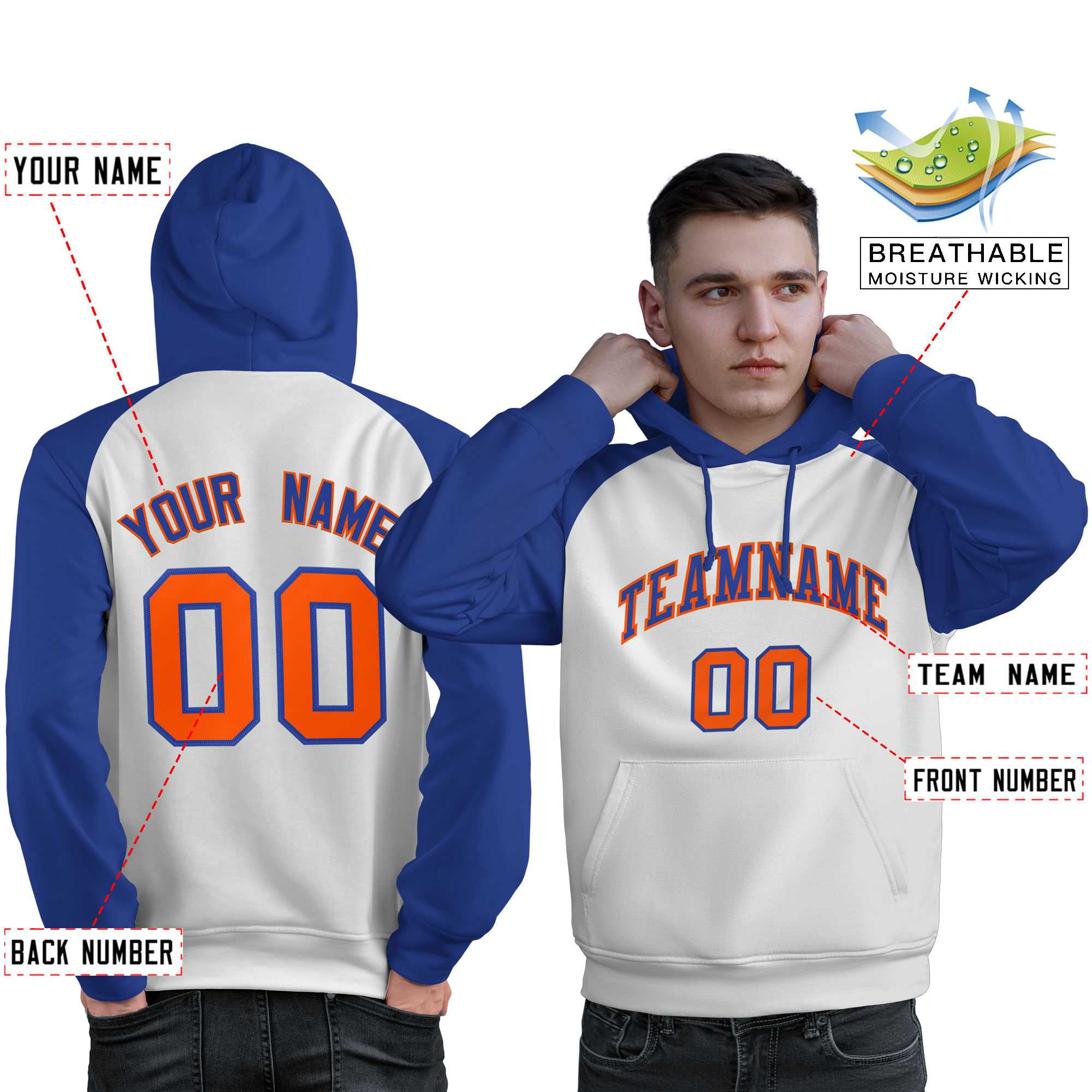 Custom Stitched White Royal Raglan Sleeves Sports Pullover Sweatshirt Hoodie For Men