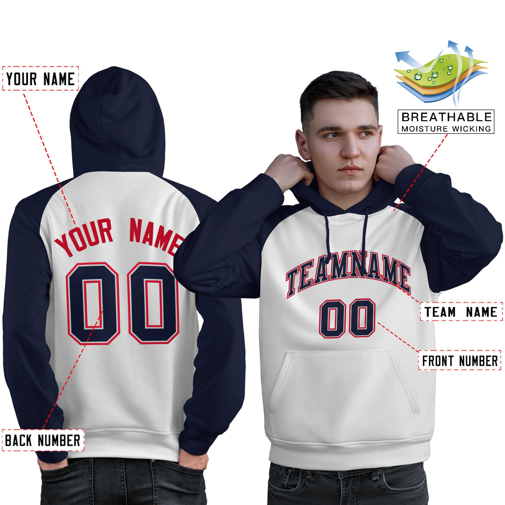 Custom Stitched White Navy Raglan Sleeves Sports Pullover Sweatshirt Hoodie For Men