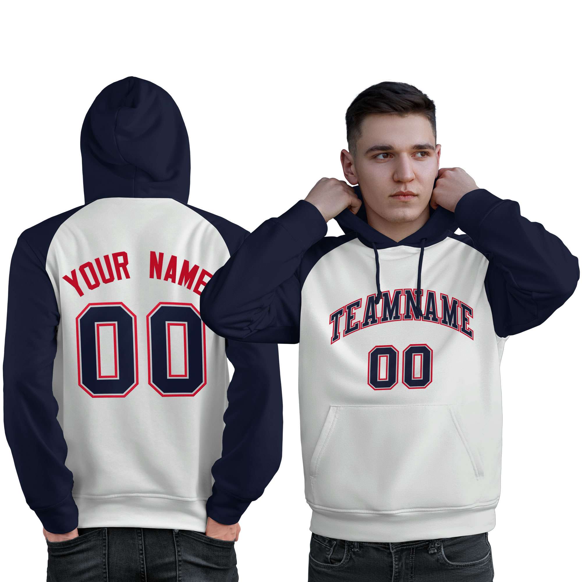 Custom Stitched White Navy Raglan Sleeves Sports Pullover Sweatshirt Hoodie For Men