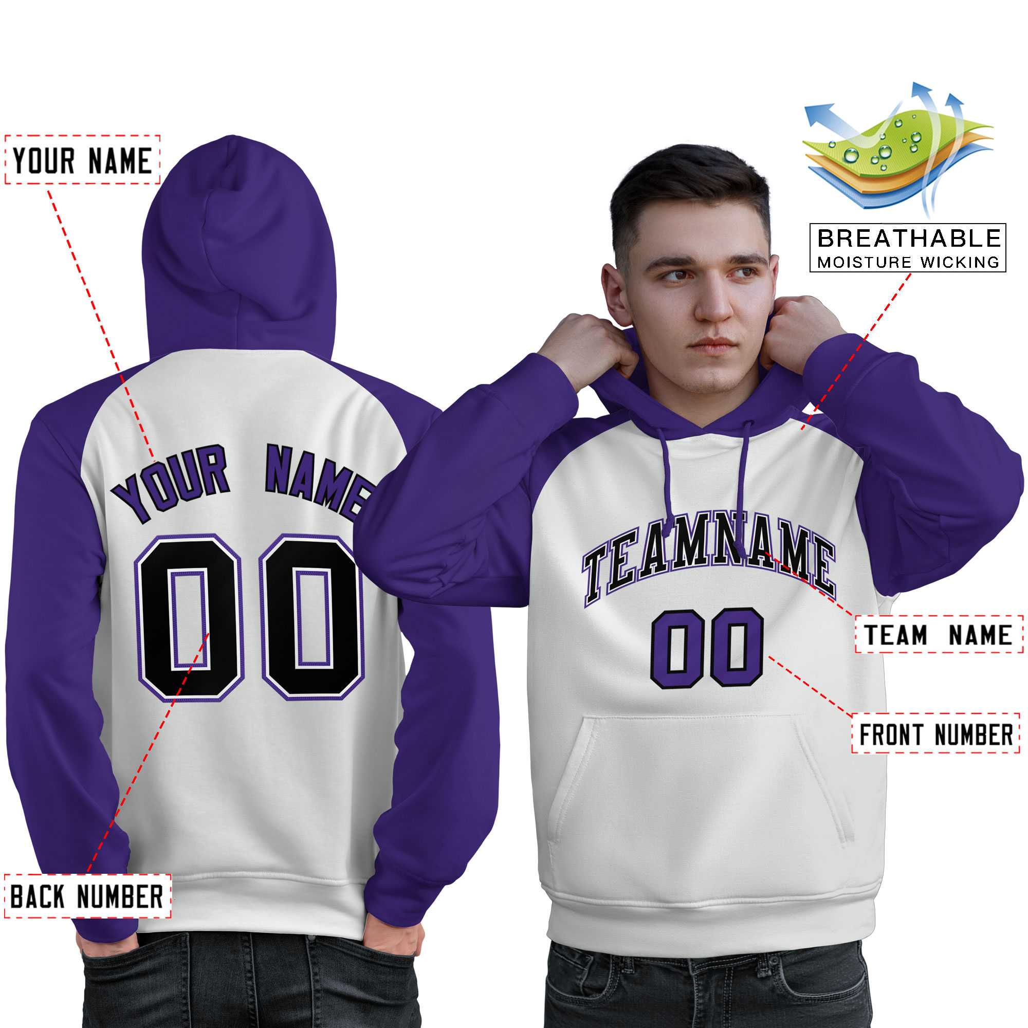 Custom Stitched White Purple-Black Raglan Sleeves Sports Pullover Sweatshirt Hoodie For Men