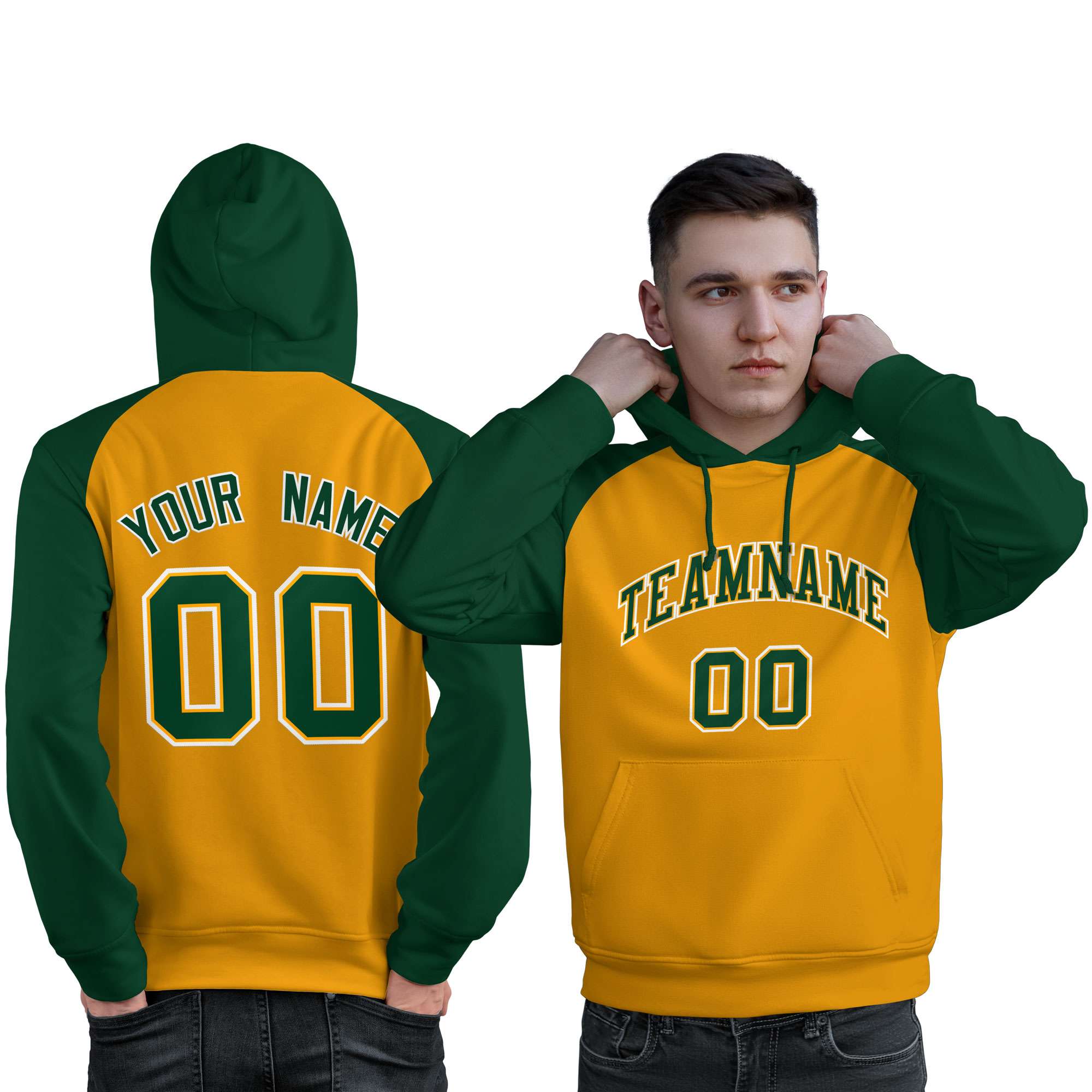 Custom Stitched Gold Green Raglan Sleeves Sports Pullover Sweatshirt Hoodie For Men