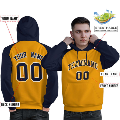 Custom Stitched Gold Navy Raglan Sleeves Sports Pullover Sweatshirt Hoodie For Men