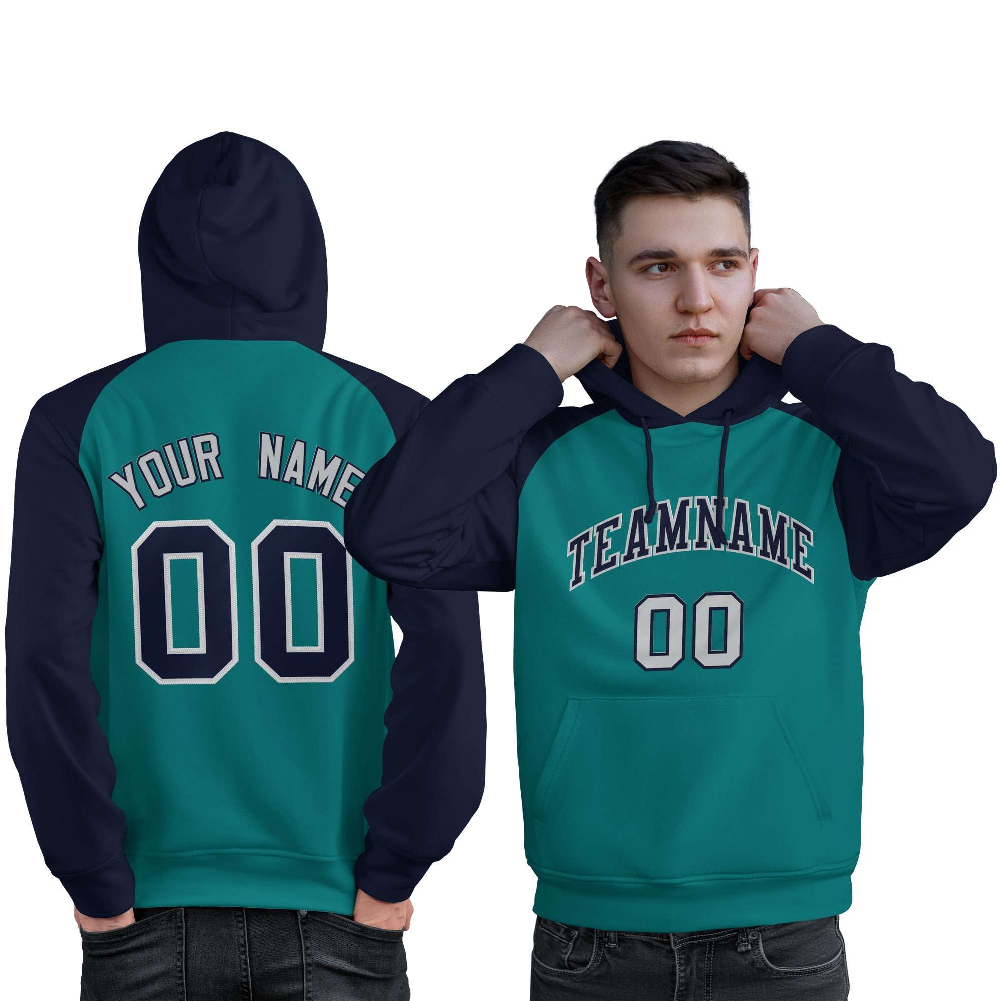 Custom Stitched Aqua Navy Raglan Sleeves Sports Pullover Sweatshirt Hoodie For Men