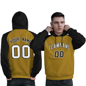 Custom Stitched Old Gold Black-White Raglan Sleeves Sports Pullover Sweatshirt Hoodie For Men