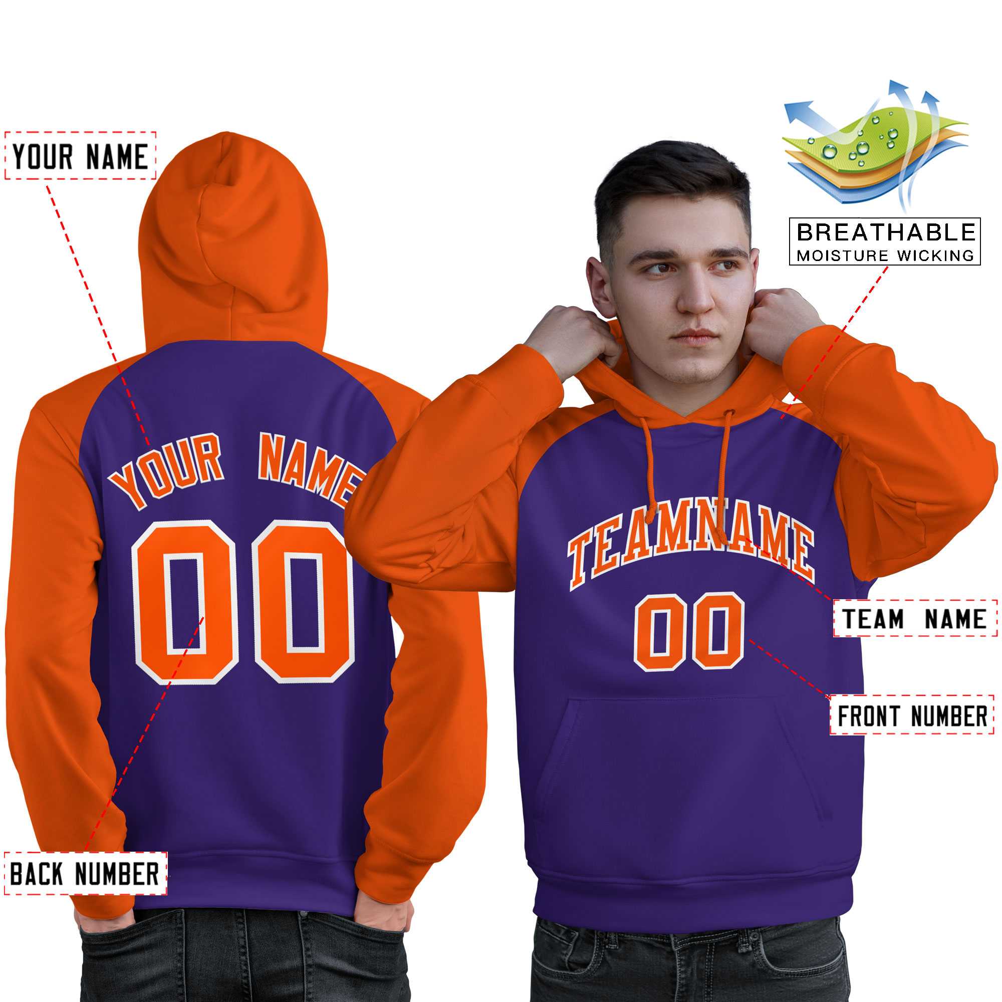 Custom Stitched Purple Orange Raglan Sleeves Sports Pullover Sweatshirt Hoodie For Men