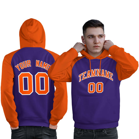 Custom Stitched Purple Orange Raglan Sleeves Sports Pullover Sweatshirt Hoodie For Men