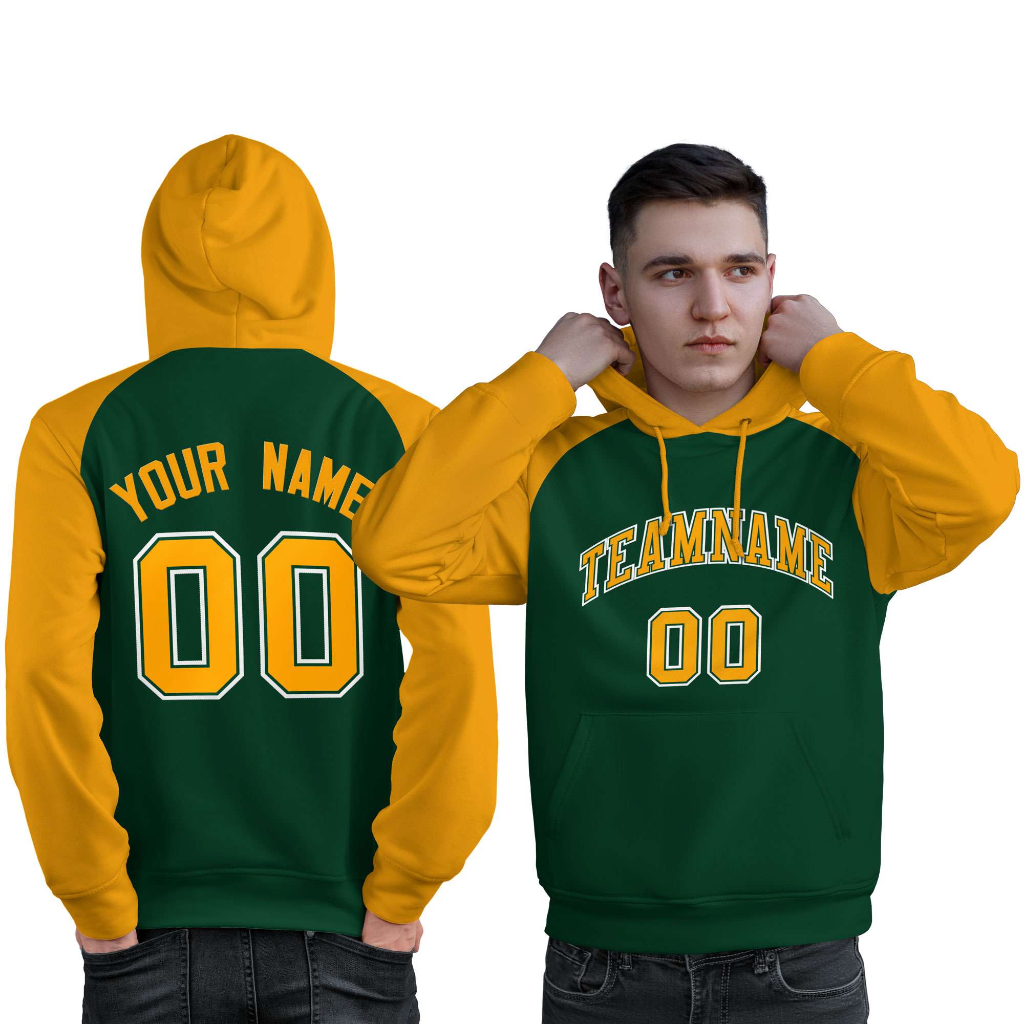 Custom Stitched Green Gold Raglan Sleeves Sports Pullover Sweatshirt Hoodie For Men