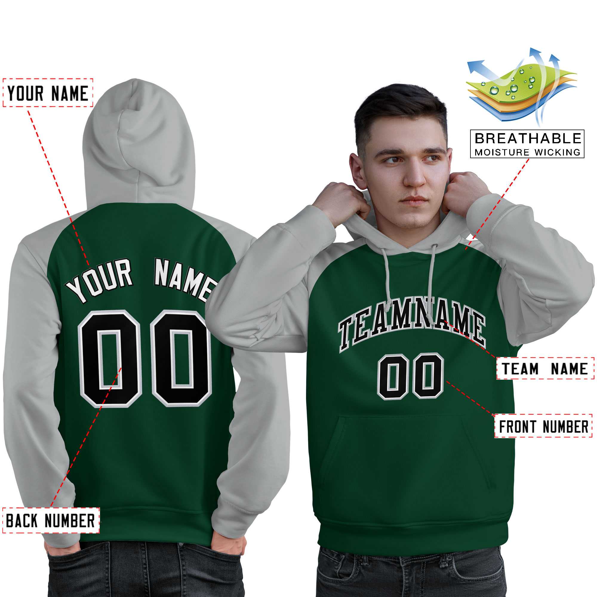 Custom Stitched Green Gray-Black Raglan Sleeves Sports Pullover Sweatshirt Hoodie For Men