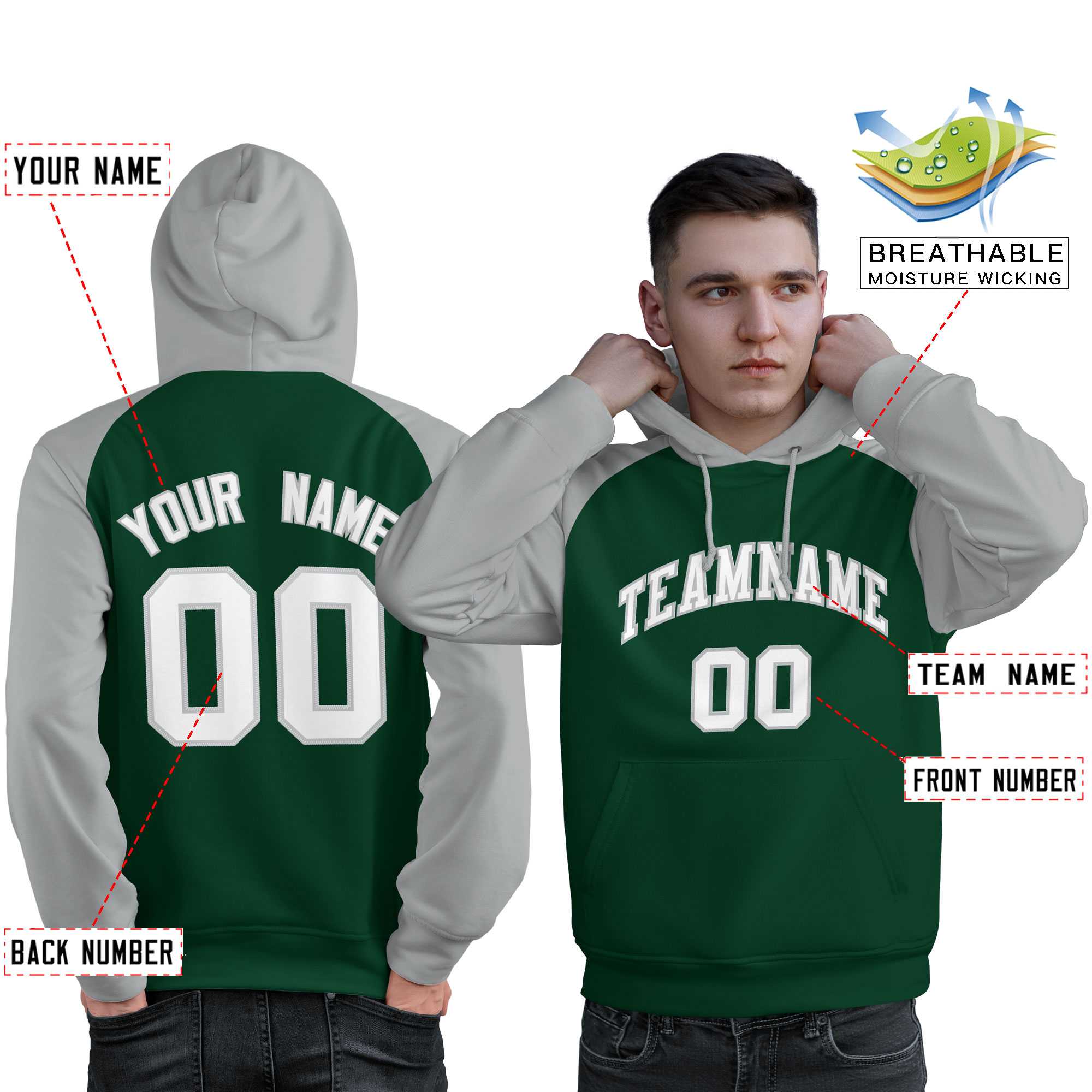 Custom Stitched Green Gray-White Raglan Sleeves Sports Pullover Sweatshirt Hoodie For Men