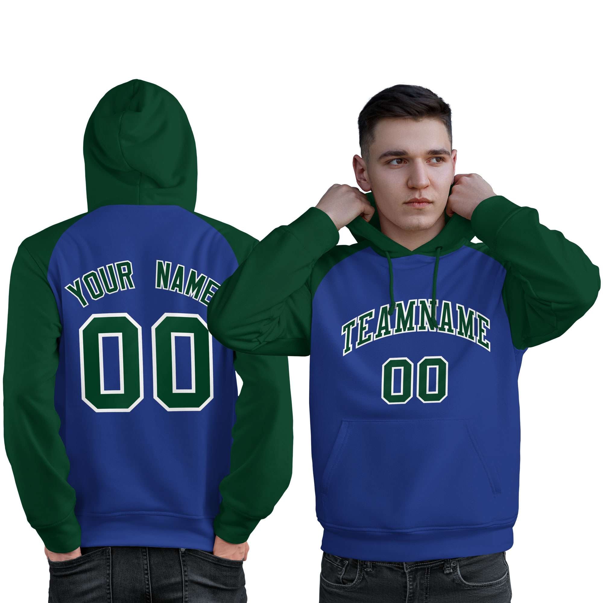 Custom Stitched Royal Green Raglan Sleeves Sports Pullover Sweatshirt Hoodie For Men