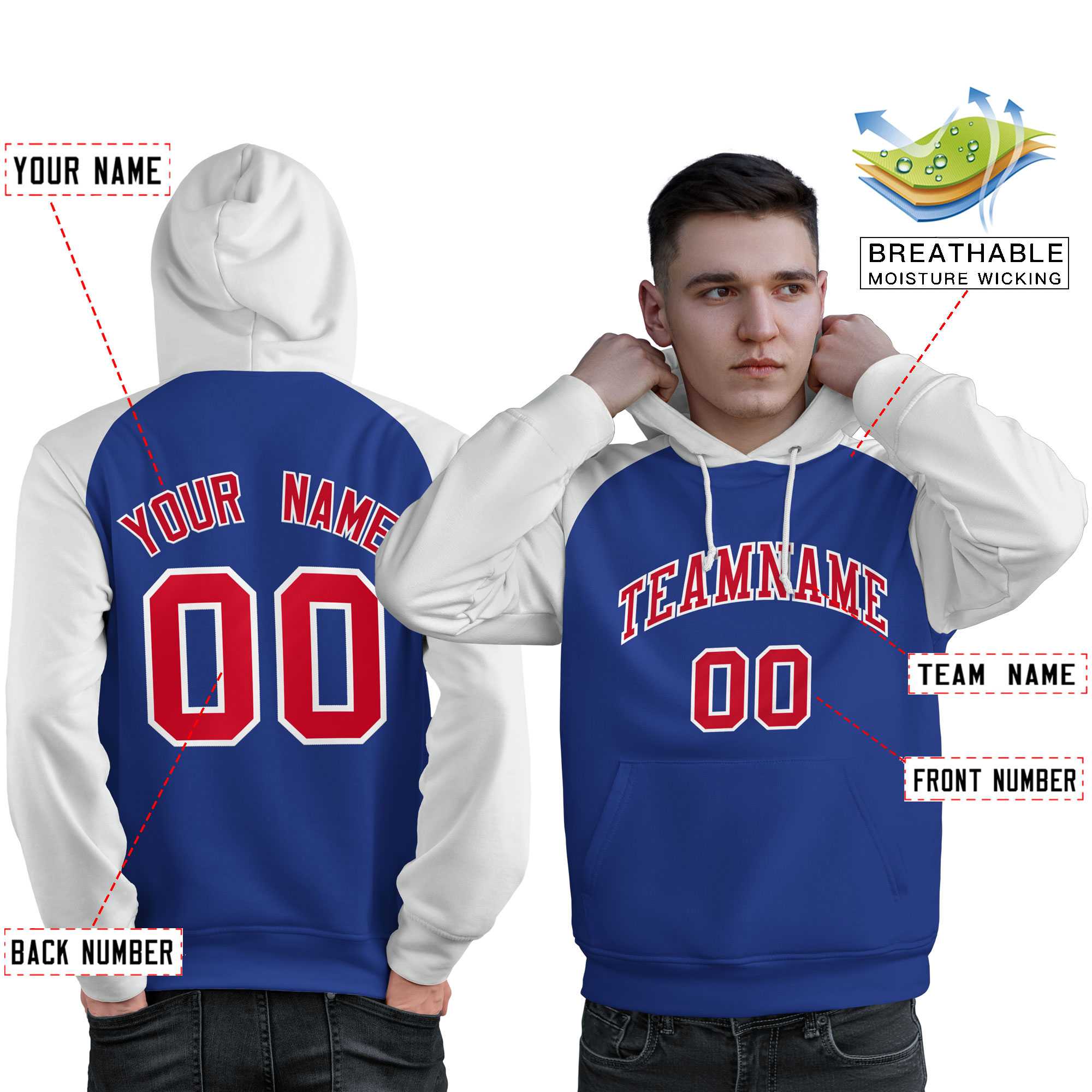 Custom Stitched Royal White-Red Raglan Sleeves Sports Pullover Sweatshirt Hoodie For Men