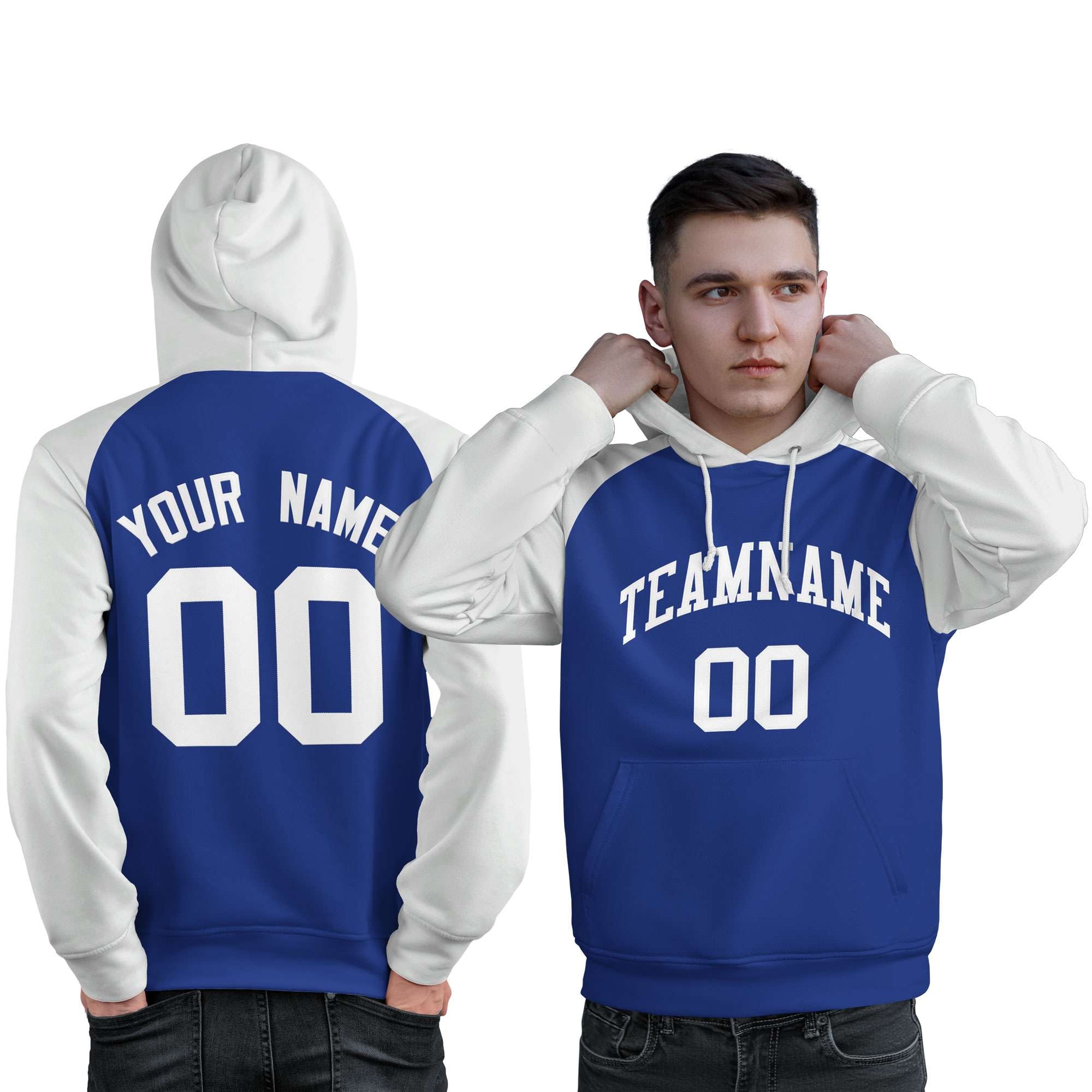 Custom Stitched Royal White Raglan Sleeves Sports Pullover Sweatshirt Hoodie For Men