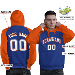 Custom Stitched Royal Orange-White Raglan Sleeves Sports Pullover Sweatshirt Hoodie For Men