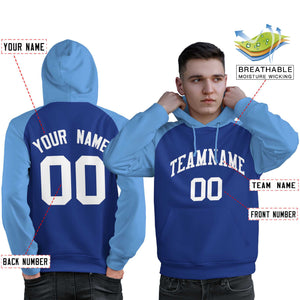 Custom Stitched Royal Powder Blue-White Raglan Sleeves Sports Pullover Sweatshirt Hoodie For Men