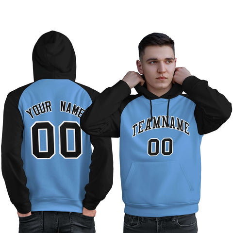 Custom Stitched Powder Blue Black Raglan Sleeves Sports Pullover Sweatshirt Hoodie For Men
