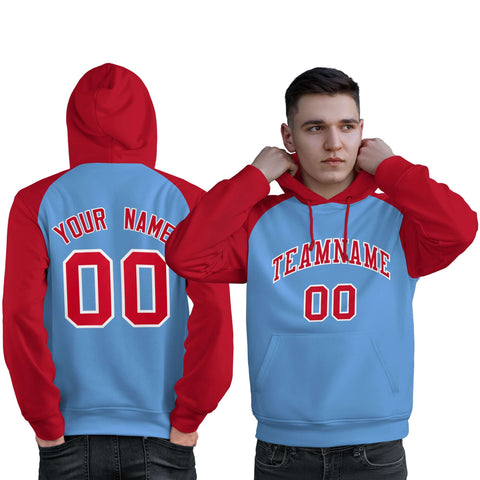 Custom Stitched Powder Blue Red Raglan Sleeves Sports Pullover Sweatshirt Hoodie For Men