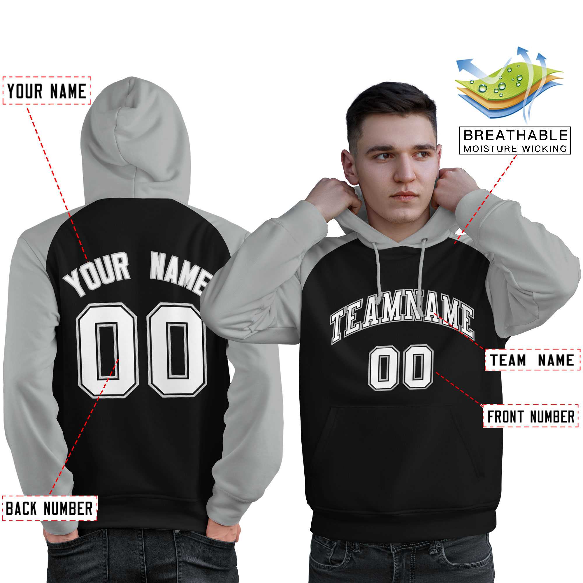 Custom Stitched Black Gray-White Raglan Sleeves Sports Pullover Sweatshirt Hoodie For Men