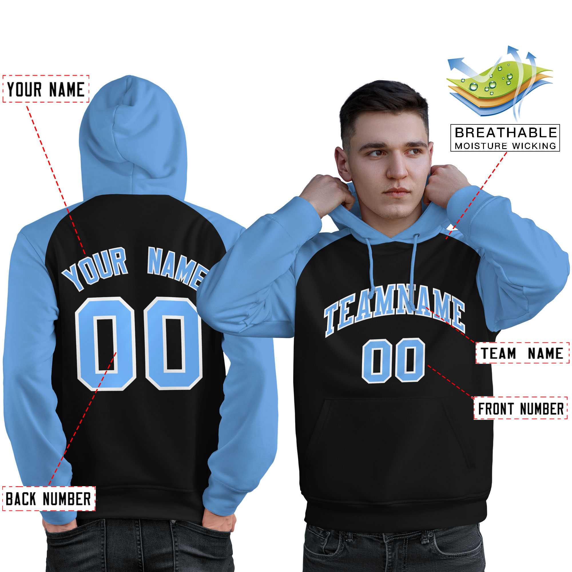 Custom Stitched Black Powder Blue Raglan Sleeves Sports Pullover Sweatshirt Hoodie For Men