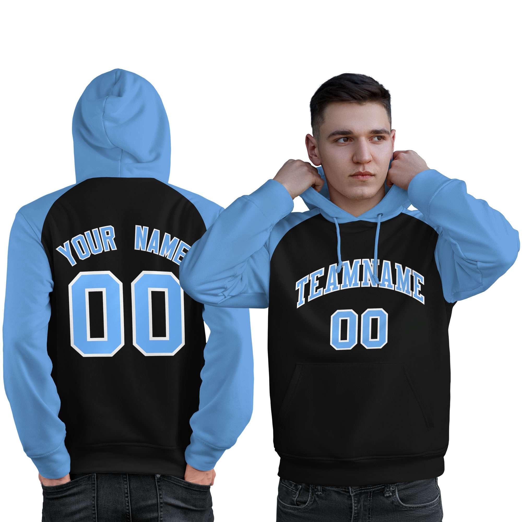 Custom Stitched Black Powder Blue Raglan Sleeves Sports Pullover Sweatshirt Hoodie For Men