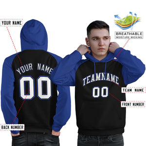 Custom Stitched Black Royal-White Raglan Sleeves Sports Pullover Sweatshirt Hoodie For Men