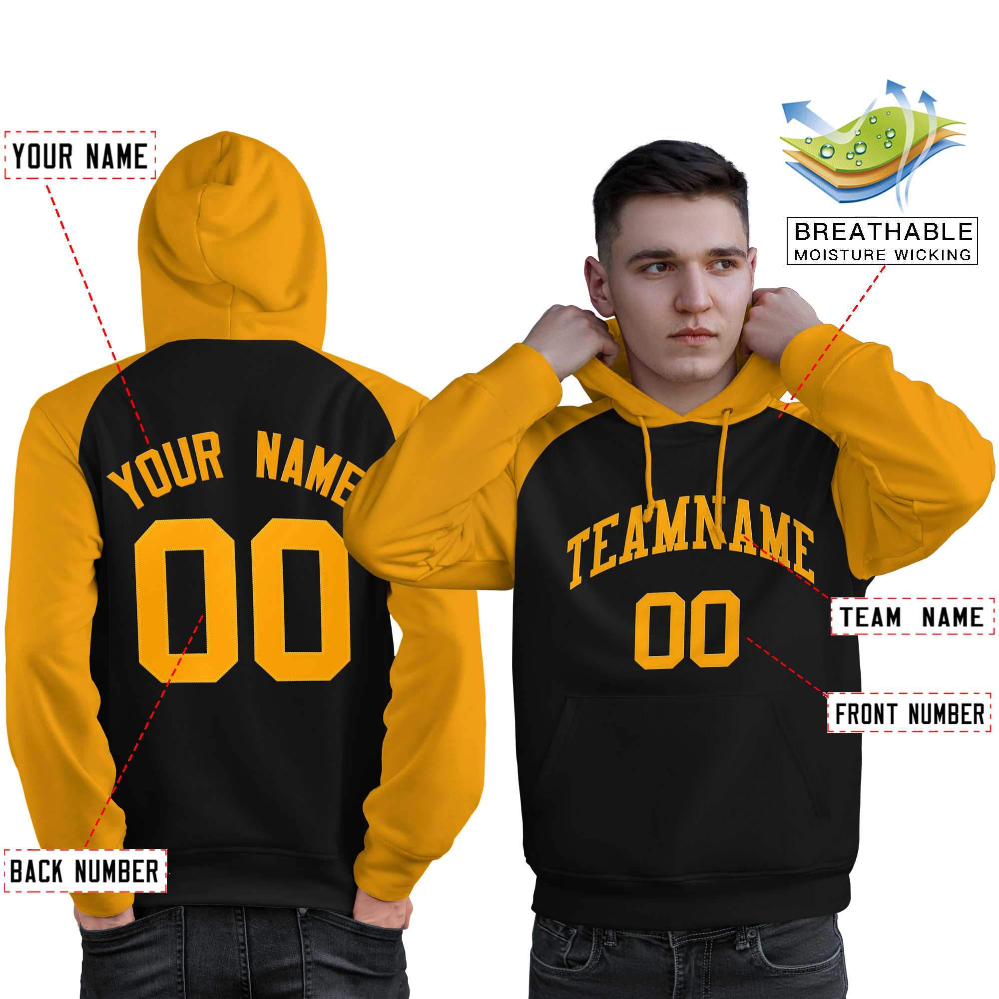 Custom Stitched Black Gold Raglan Sleeves Sports Pullover Sweatshirt Hoodie For Men