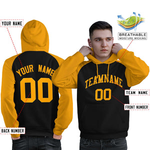 Custom Stitched Black Gold Raglan Sleeves Sports Pullover Sweatshirt Hoodie For Men