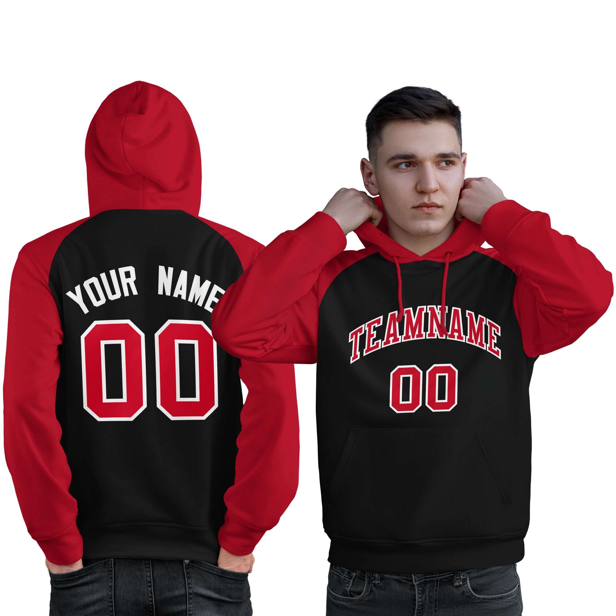 Custom Stitched Black Red Raglan Sleeves Sports Pullover Sweatshirt Hoodie For Men