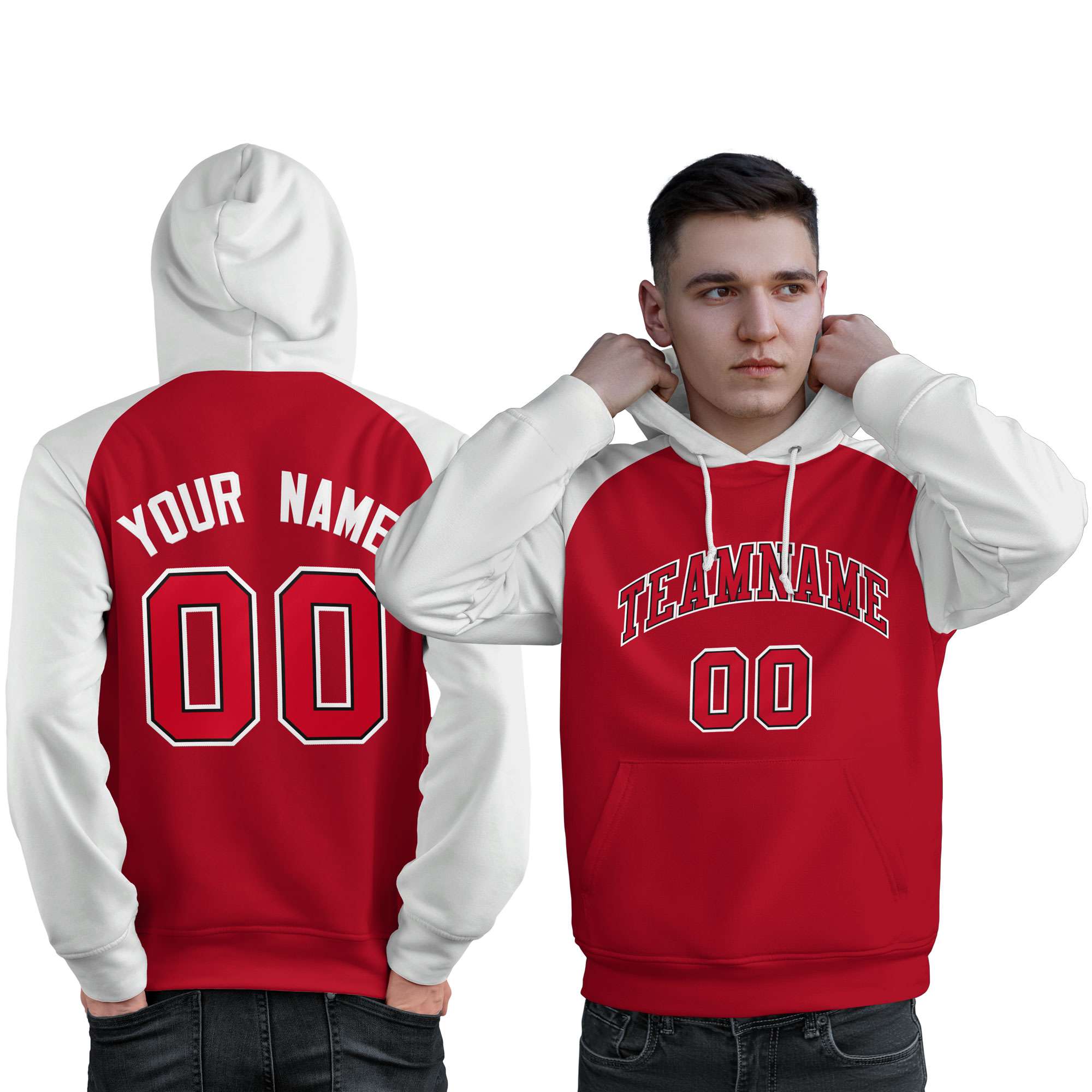 Custom Stitched Red White Raglan Sleeves Sports Pullover Sweatshirt Hoodie For Men