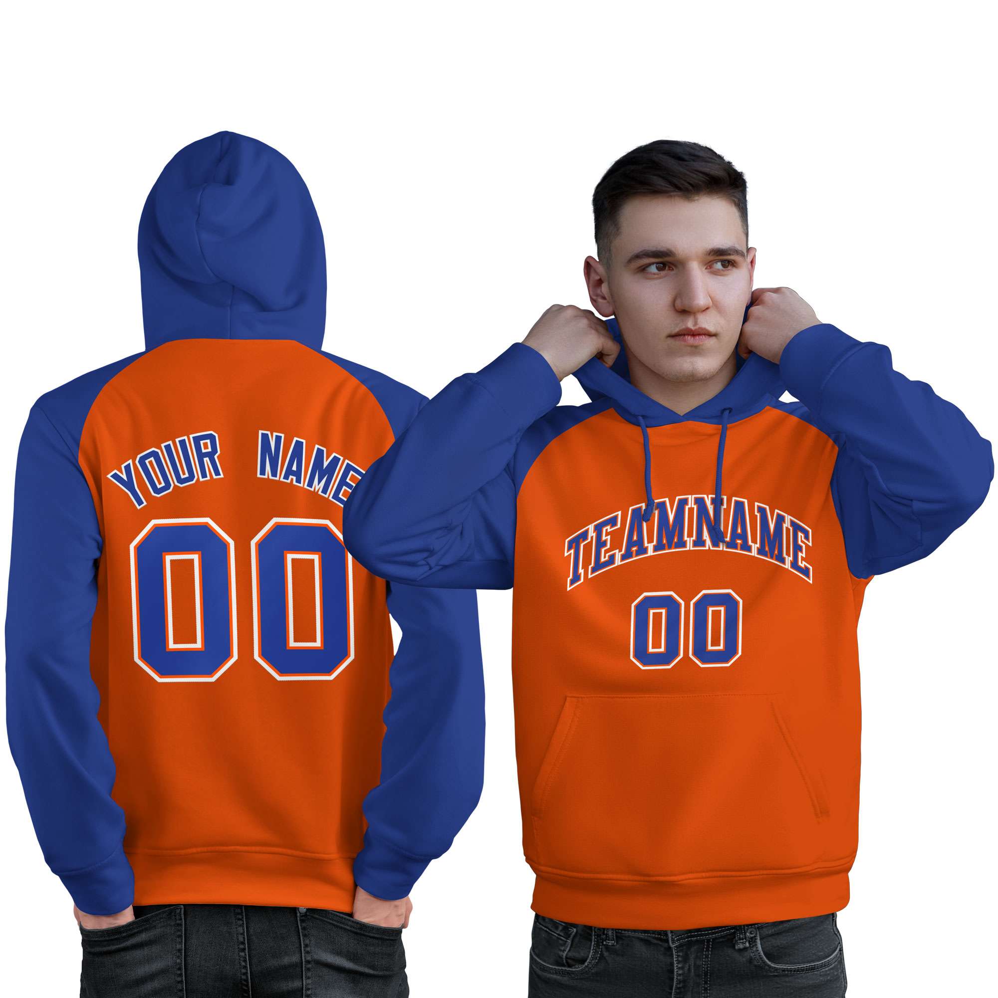 Custom Stitched Orange Royal Raglan Sleeves Sports Pullover Sweatshirt Hoodie For Men