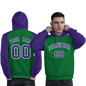 Custom Stitched Kelly Green Purple Raglan Sleeves Sports Pullover Sweatshirt Hoodie For Men